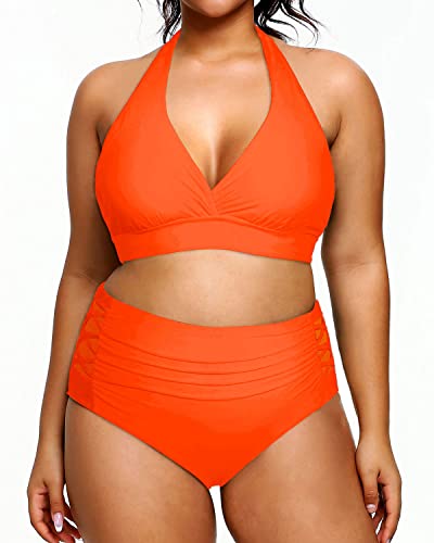 Women's Sexy Two Piece Plus Size Halter Bikini Swimsuit-Neon Orange