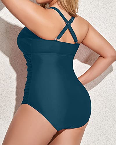 Vintage Lace Up Plus Size One Piece Swimsuit Deep V Neck Swimwear-Teal