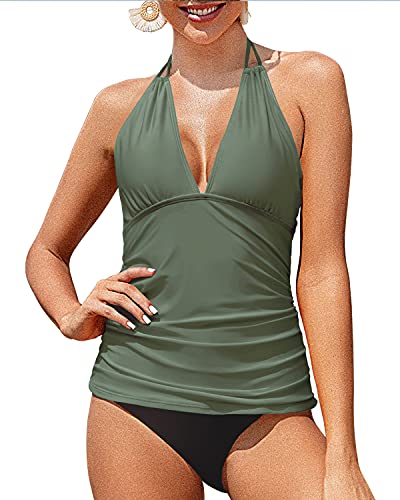 Women's V Neck Tankini Top Tummy Control Halter Swimsuit-Olive Green
