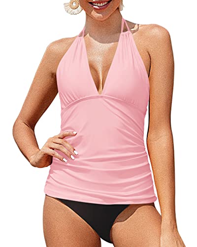 Open Back Halter Tankini Swimsuits Sexy Style For Women & Ladies-Pink And Black