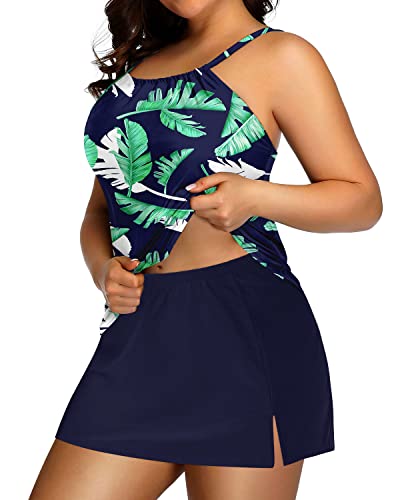 Women's Plus Size Swimsuits Tummy Control High Neck Tankini Set-Blue Leaf