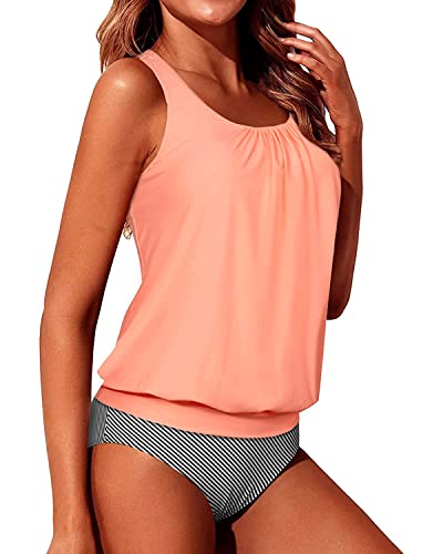 Mid Waist Tummy Control Swimsuits For Women 2 Piece Tankini-Coral Pink Stripe