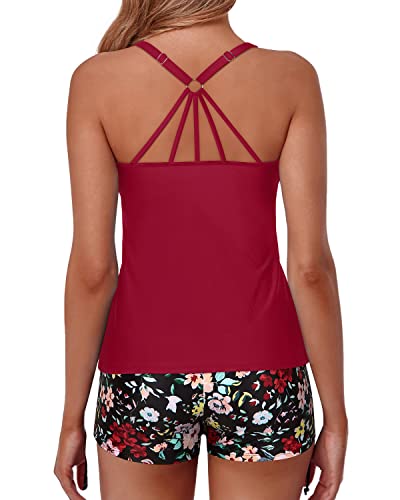 Modest Two Piece Tankini Swimsuits For Women Boy Shorts-Red Floral