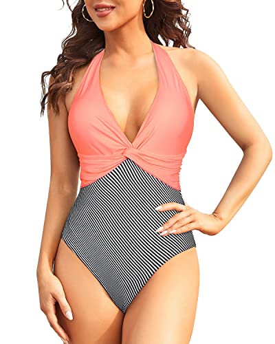 Women's Sexy One Piece Tummy Control Swimsuit Halter Front Cross Swimwear-Coral Pink Stripe