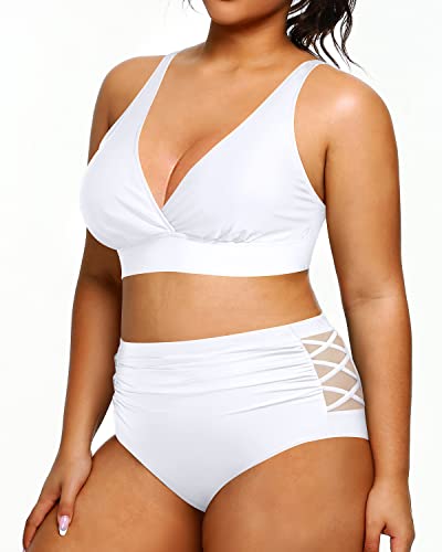 Slimming Two Piece Bikini Swimsuit High Waisted Bikini Swimsuits For Women-White