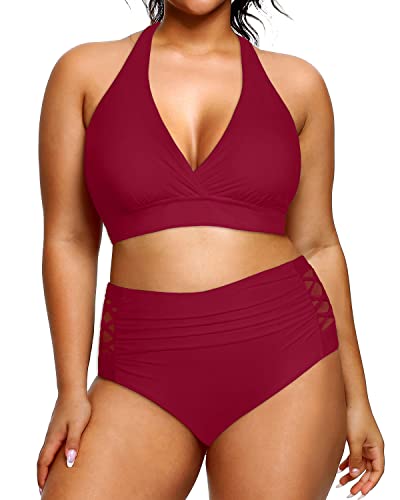 Plus Size Women's High Waisted Two Piece Swimsuit Tummy Control Halter Bikini-Red