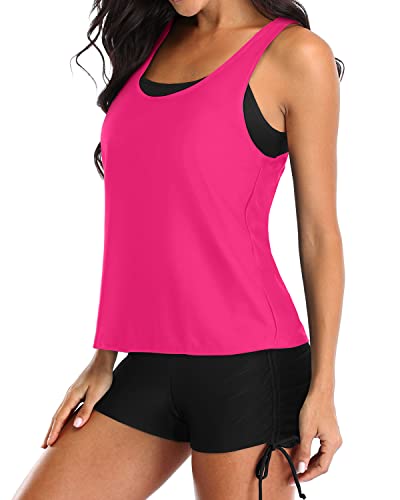 3 Piece Womens Tankini Swimsuits Cutout Back Athletic Bathing Suit-Neon Pink