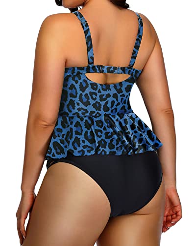 Peplum Tankini Tops Criss Cross Design For Women Plus Size Bathing Suits-Blue Lepoard