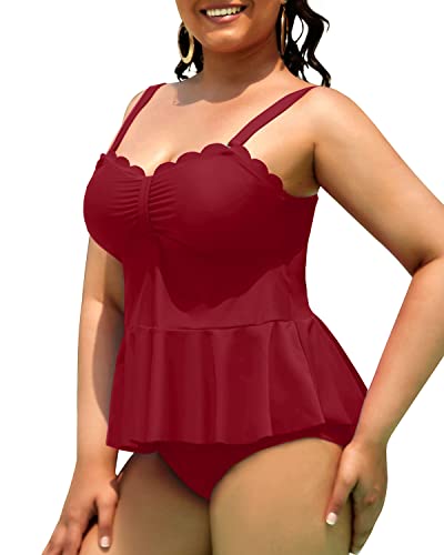 Plus Size 2 Piece Tankini Tummy Control Bathing Suits For Curvy Girl Swimsuits-Maroon