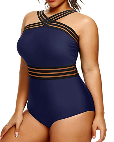 Women's Plus Size Tummy Control One Piece Swimsuit-Navy Blue