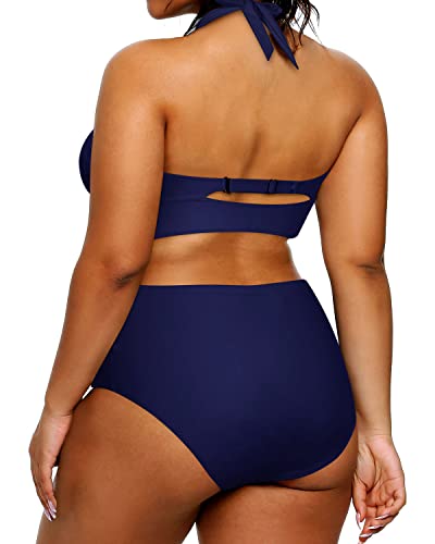 V Neck Two Piece Plus Size Halter Bikini Swimsuits For Tummy Control-Navy Blue