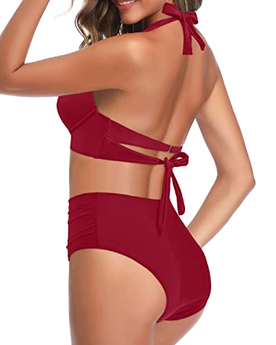 Women's Push Up Molded Cups Halter Neck Bikini Swimsuits-Red