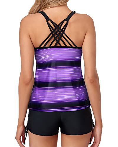 Sporty Adjustable Shoulder Straps Cross-Back Design Tankini-Purple Stripe