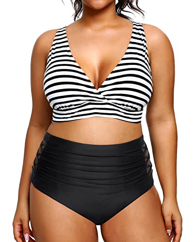 V Neck Adjustable Straps Plus Size Bikini High Waisted Swimsuits For Women-Black And White Stripe