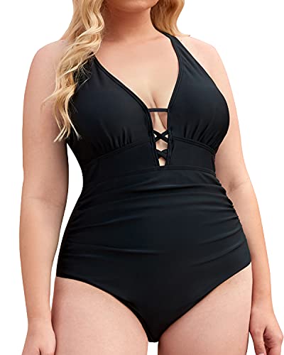 Slimming Tummy Control Bathing Suits Plus Size One Piece Swimsuit-Black
