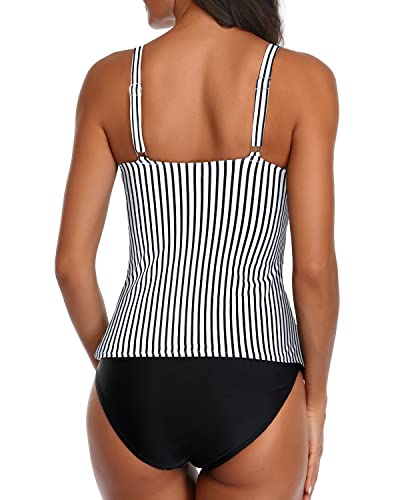 Elegant Deep V Neck Ruched Swimwear Tummy Control Swimsuits For Women-Black And White Stripe