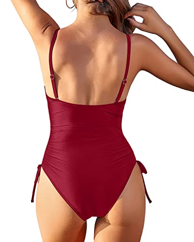 Flattering One Piece Swimsuits Drawstring Side Cute 1 Piece Swimwear-Red