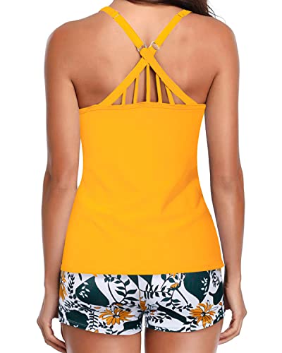 Adjustable Mid-Waist Solid Tankini Swimsuits For Women-Yellow Floral
