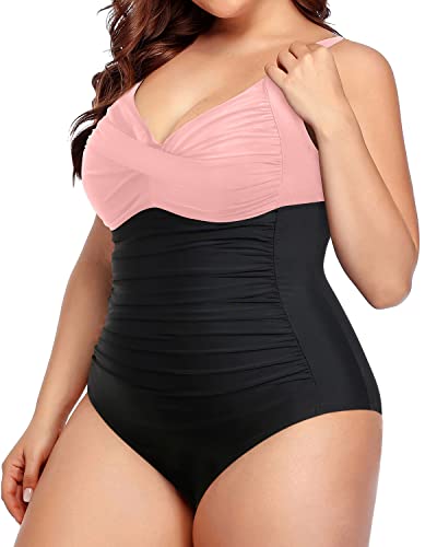 Plus Size One Piece Swimsuits Tummy Control Twist Front Ruched Swimwear-Pink And Black