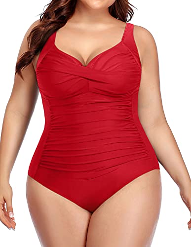 Twist Front Ruched Swimwear For Curvy Women Tummy Control-Red