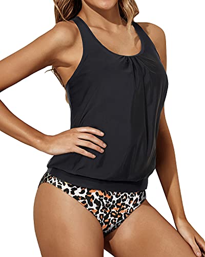Women's Two Piece Swimsuit Tummy Control Tankini Bathing Suits-Black And Leopard