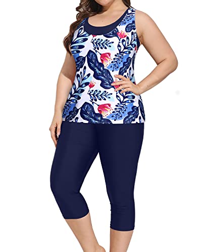 3 Piece Tankini Swimsuits For Women Plus Size Sports Bra And Swim Capris-White And Blue Floral