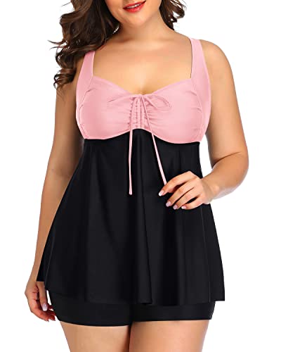 Women's Plus Size Bowknot Tankini Swimsuits Push Up Padded Bra-Pink And Black