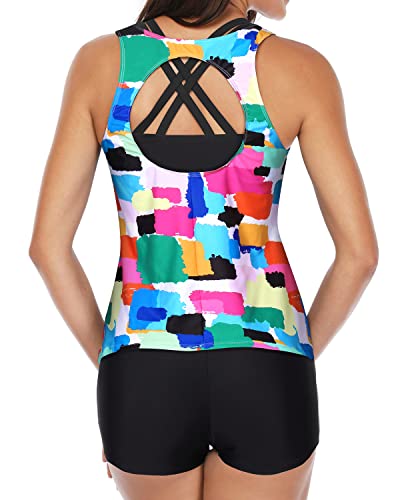 High Waisted Athletic Tankini 3 Piece Swimsuits For Women-Color Tie Dye