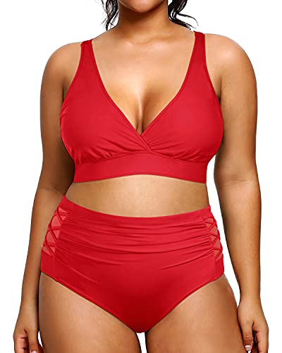 High Waisted Lattice Mesh Inset Plus Size Bathing Suits For Curvy Women-Red