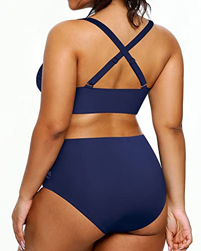 2 Piece Plus Size Bikini High Waisted Swimsuits Tummy Control-Navy Blue