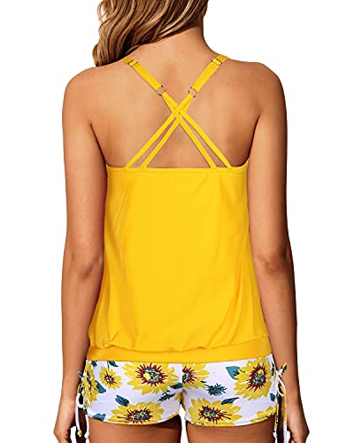 Slimming Womens Blouson Tankini Swimsuit Two Piece Strappy Bathing Suit-Sunflower