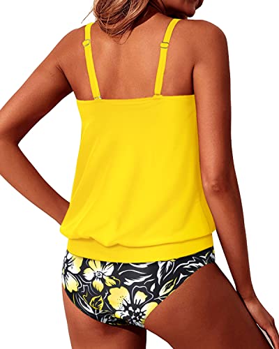 Women's Loose Fit Tankini Swimsuits Mid Waist Bottom-Yellow Floral