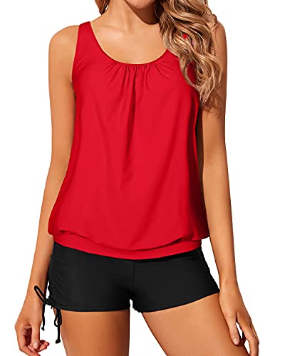 Modest Loose Fit Blouson Tankini Swimsuits For Women Tops Boyshorts-Neon Red