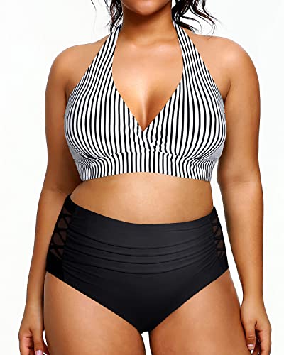 High Waisted Tummy Control Bathing Suits For Plus Size Women-Black And White Stripe