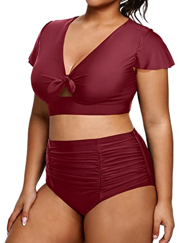 Plus Size Two Piece Swimsuits High Waisted Bathing Suits Short Sleeve Swimwear-Maroon