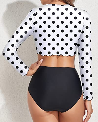 Womens Long Sleeve Rash Guard Swim Shirt Crop Swim Tops Shorts-Black Dot