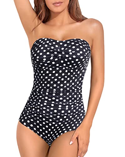 Women's Strapless One Piece Swimsuit Tummy Control Bandeau Bathing Suits-Black Dot