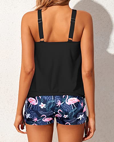 High Waisted Swim Shorts Blouson Tankini Top For Women-Black Flamingo