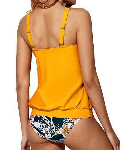 Women's Blouson Tankini Set Triangle Briefs-Yellow Floral
