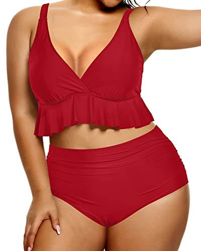 Flattering Plus Size Bathing Suits For Women High Waisted Bikini Set-Red