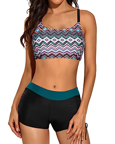 Athletic Tankini Swimwear Strappy D-Ring Back And Boyshorts-Black Tribal