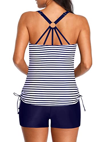 Women's Two Piece Tankini Swimsuits Shorts For Athletic Bathing Suits-Blue White Stripe