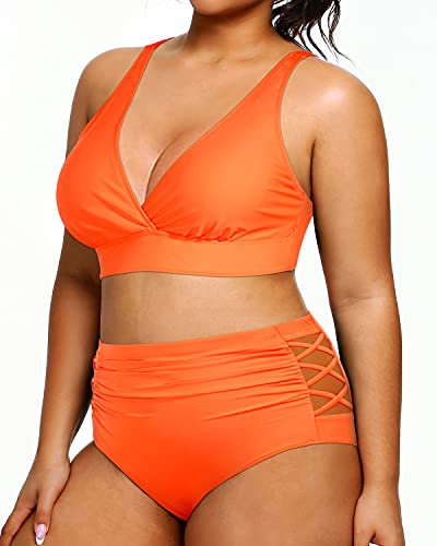 2 Piece Plus Size Bikini High Waisted Swimsuits Ruched Bottoms-Neon Orange