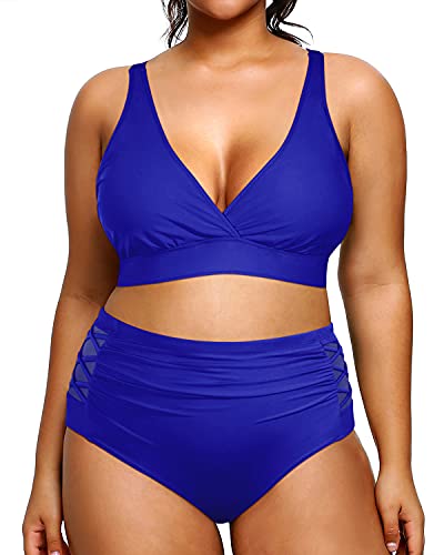 Flattering V Neck Plus Size Two Piece Bikini Swimsuits-Royal Blue