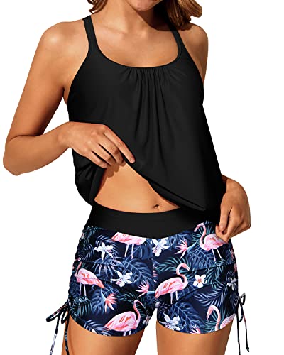 Women's Push Up Padded Bra Blouson Tankini Strappy Bathing Suit Swimsuit-Black Flamingo