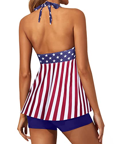 Two Piece Halter V Neck Tankini Swimsuits For Women Shorts-Flag