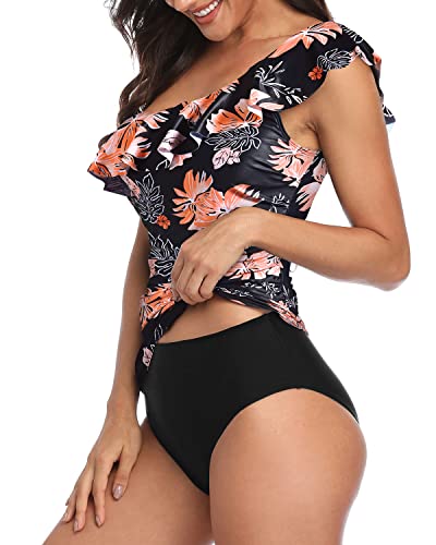 Best Tummy Control Swimwear One Shoulder Tankini-Black Orange Floral