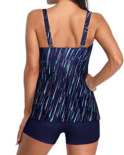 Two Piece Flowy Tankini Tops High Waisted Boyshort For Women-Navy Blue