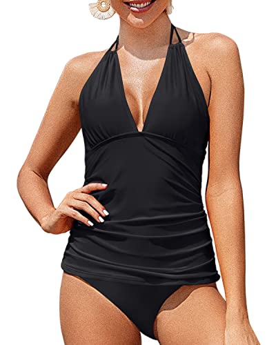 Women's V Neck Tankini & Bikini Bottom Tummy Control Swimwear-Black