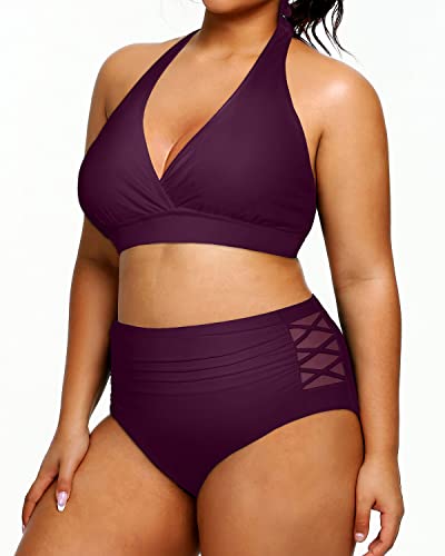 Plus Size Women's Two Piece Halter Bikini Tummy Control Bathing Suit-Maroon